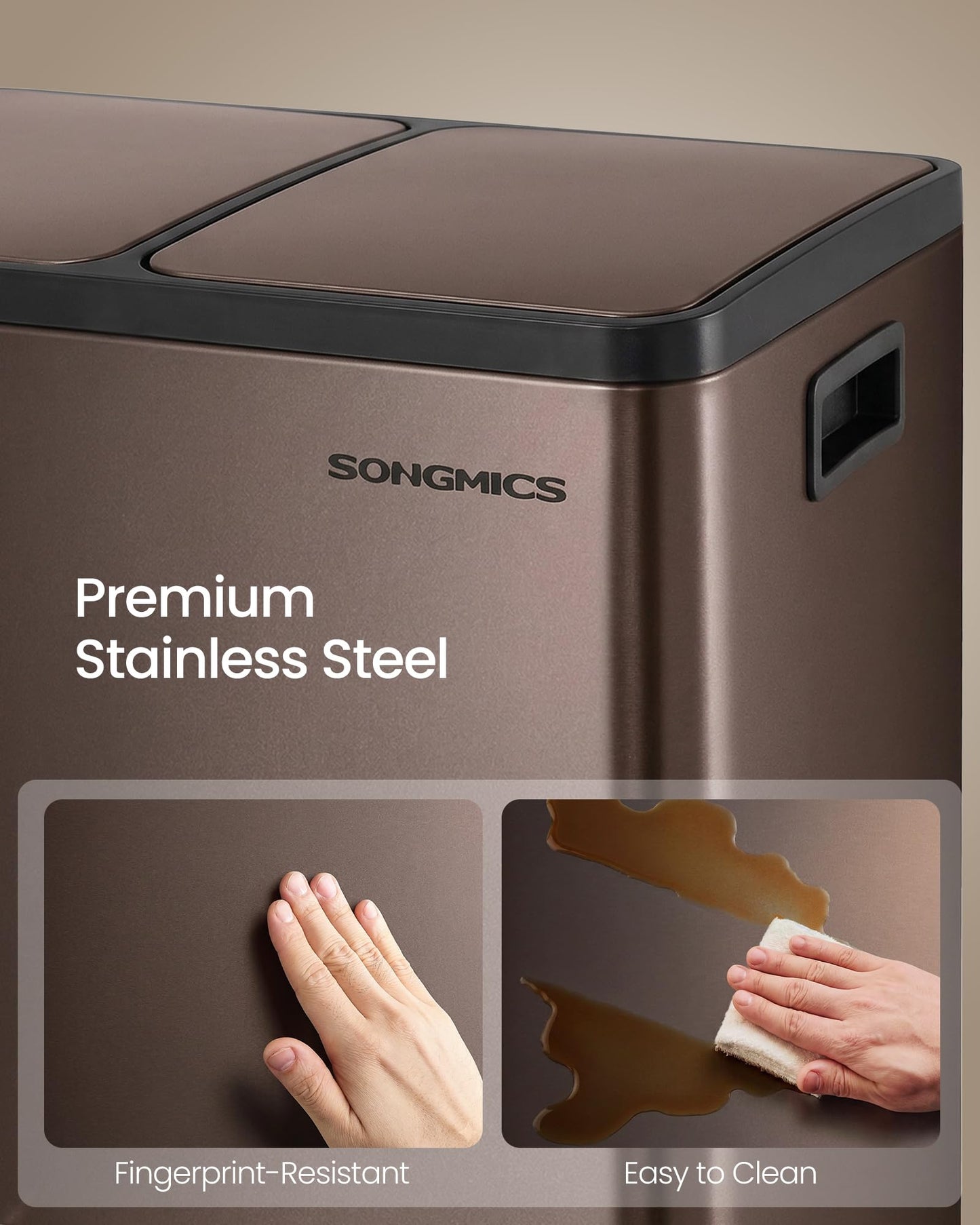 SONGMICS Trash Can, 2 x 8 Gallon (2 x 30 L) Double Compartment Garbage Can for Recycling, Stainless Steel, with 15 Liner Bags, Soft-Close Lids, Removable Buckets, Pedals, Brown ULTB160MZ01