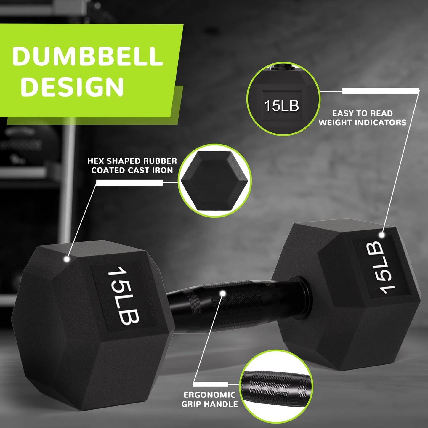 Fitvids Rubber Encased Exercise & Fitness Hex Dumbbell with Anti-Slip Metal Handle for Home Gym, 15 LB Pair