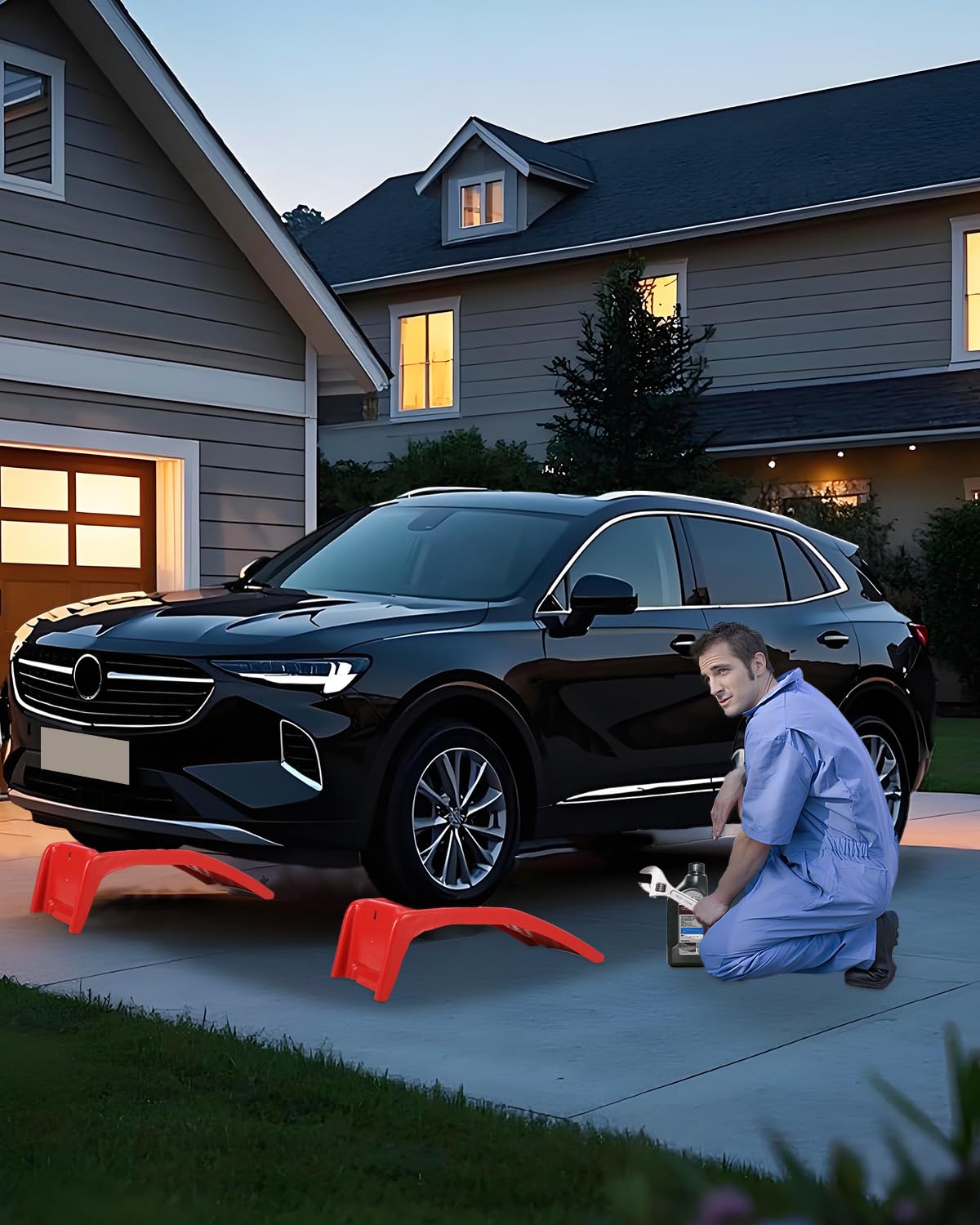 Heavy Duty Low Profile Car Ramps 8" Lift (2 Pack) - 8000LB Capacity Solid Steel Auto Ramps for Trucks, SUVs - Ideal for Oil Changes, Tire Rotation & Maintenance - 4000LB Per Ramp, Red