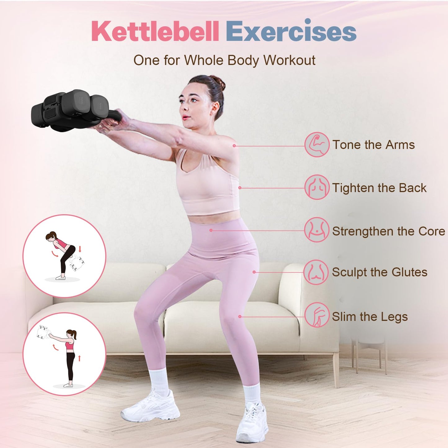 kisnbld Adjustable Dumbbell Set of 2, 2 in 1 Free Weights Dumbbells & Kettlebell Set for Women with Fast Adjustment, Each 2lb 3lb 4lb 5lb Hand Weights Set for Home Gym & Outdoor Exercise Training