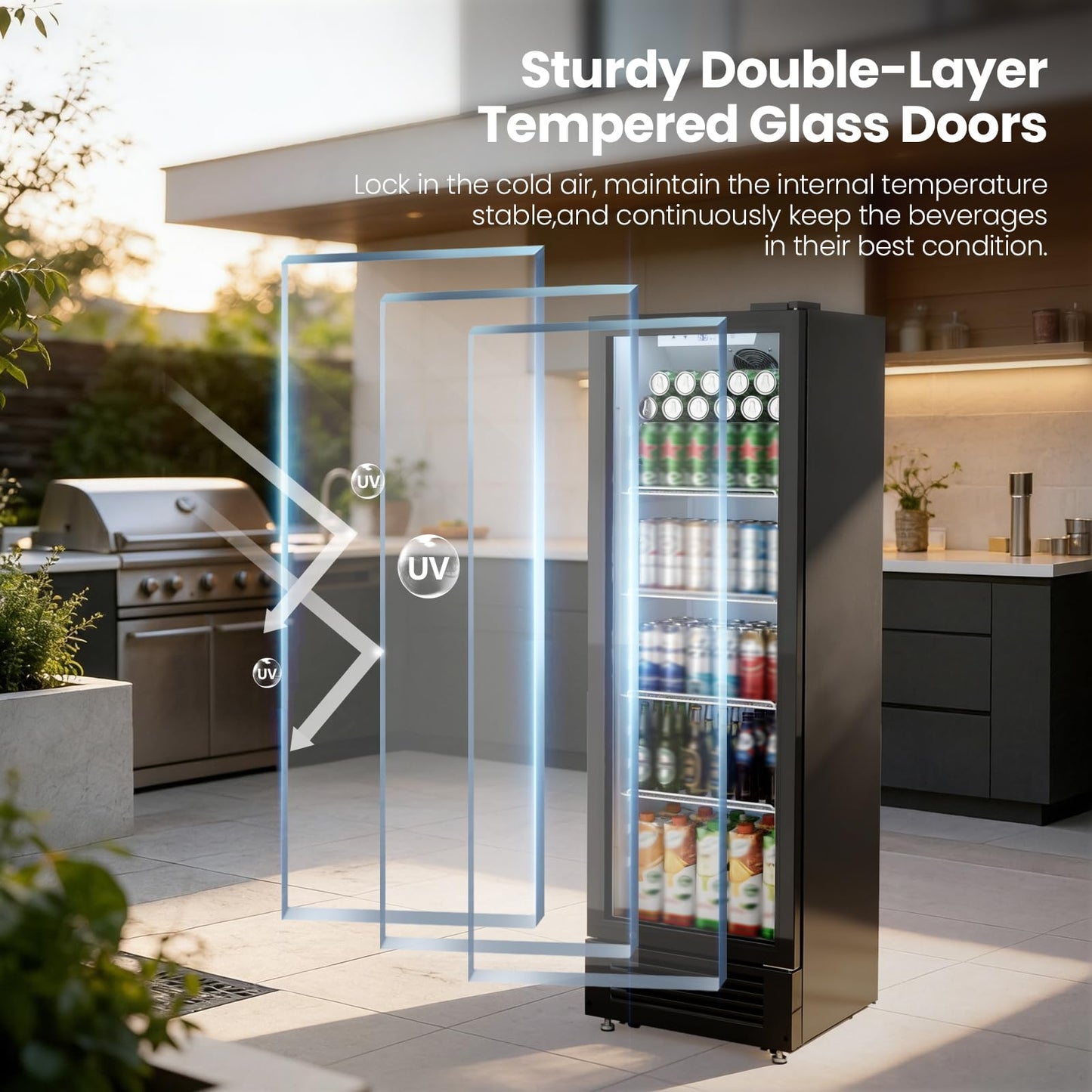 Kismile 9 Cu.Ft Large Commercial Refrigerator, Beverage Refrigerator with Wheels, Lock & Key, Adjustable Shelves, Double-Tempered Glass Drink Fridge for Bar, Restaurant, Home or Outdoor