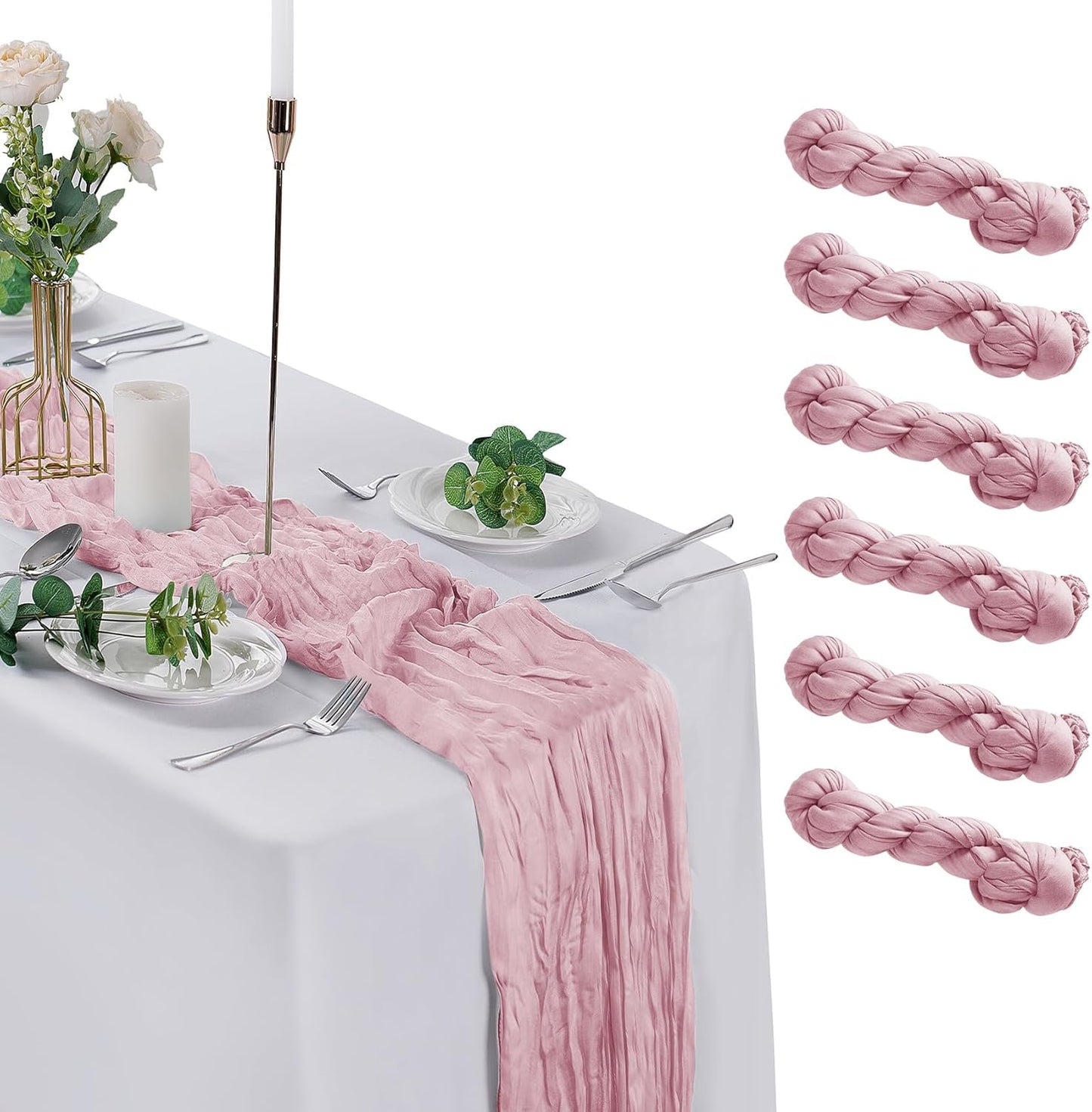 Skiennix 6 Pack Cheesecloth Table Runner - 9ft Rustic Pink Gauze for Weddings & Events | 17 x 108 Inch