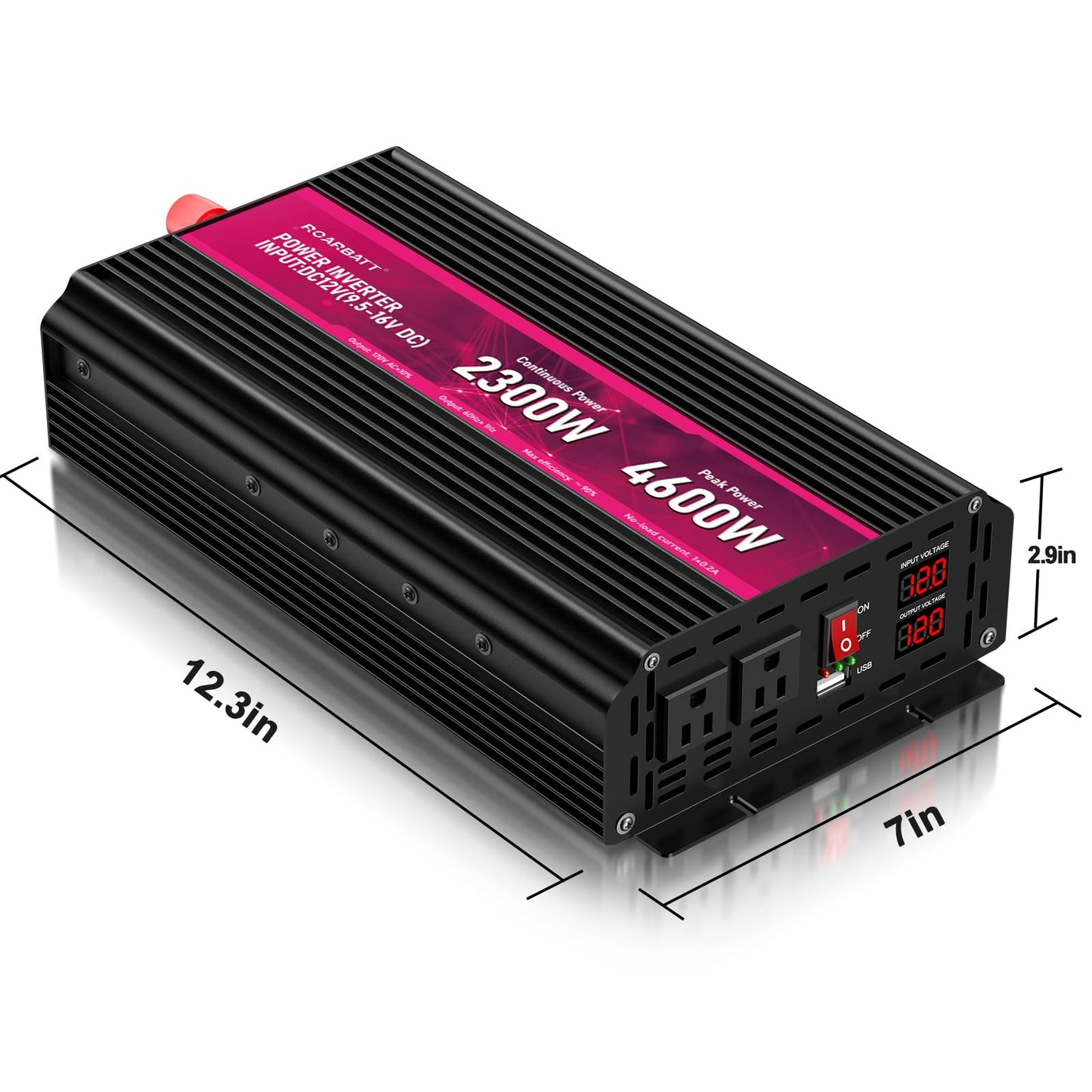 2300W Power Inverter,12V DC to AC 110V120V Peak Power 4600W with 2AC Outlets and 2.4USB Port,LCD Display Car Inverter for Power Converter Outdoor Activities,Emergency,Vehicles Truck RV Solar System