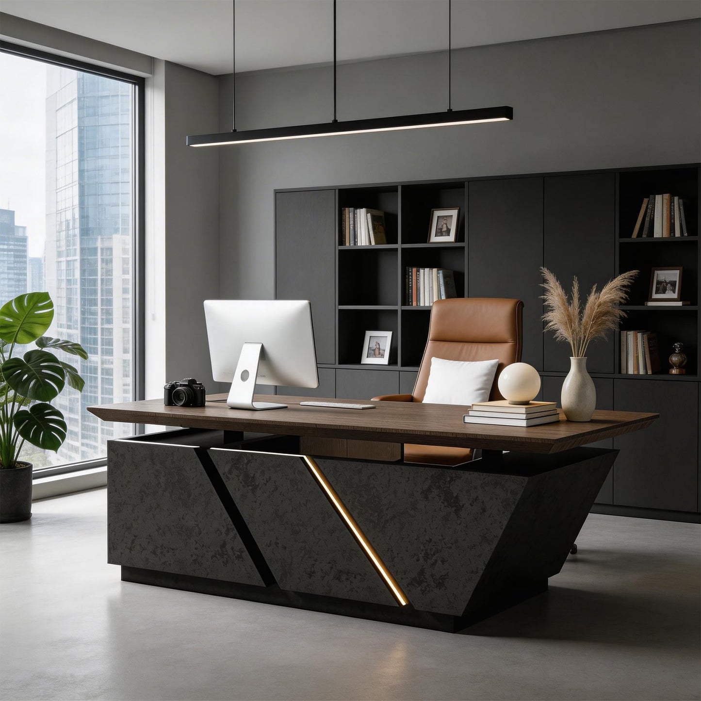 SAINTCY Adjustable Executive Desk - Luxury L Shaped Desk with Drawers, Large Table with File Cabinets, Executive Office Desks with LED Light Strip Home Office Desk for Professionals
