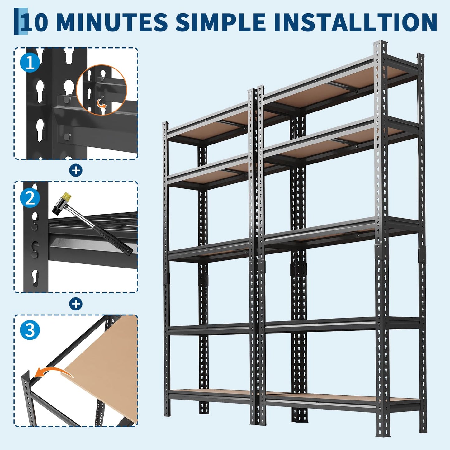 Patikuin Heavy Duty 5-Tier Adjustable Metal Storage Shelf - Boltless Industrial Utility Rack for Garage, Pantry, Kitchen, Warehouse - 72" H x 35.5" W x 12" D, Single Layer 400LBS, Set of 2,