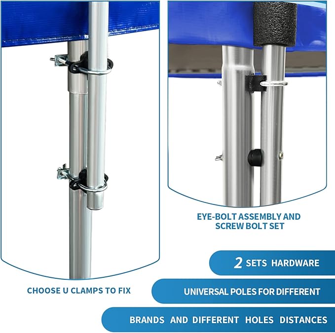 Universal Trampoline Replacement Enclosure Poles Come with Clamps, Screws and Bolts, Plactic Caps, Fits 6 Straight Pole Trampoline Frame