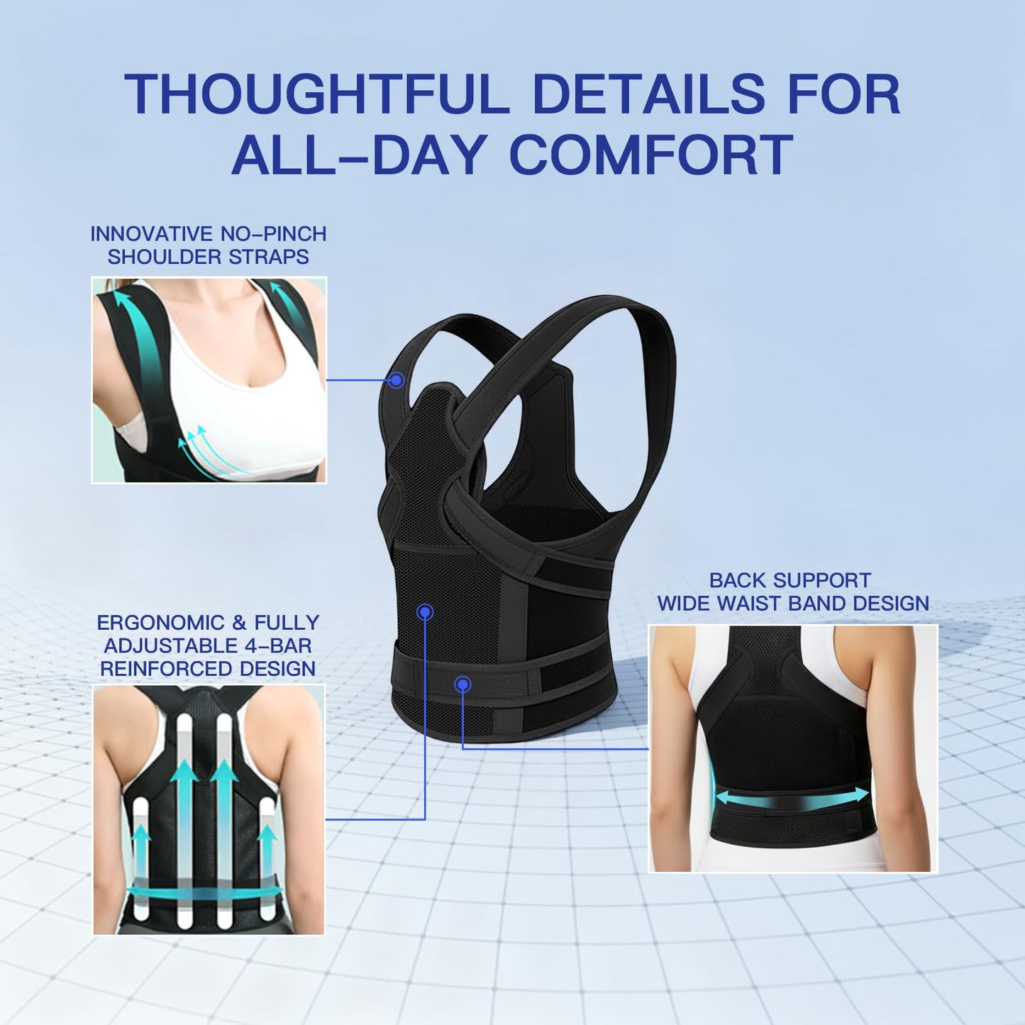 KNXWALT Posture Corrector for Women & Men, Back Brace Straightener with Adjustable Support, Relief for Neck/Shoulder/Back Pain, Scoliosis & Hunchback Correction, Breathable Mesh Design