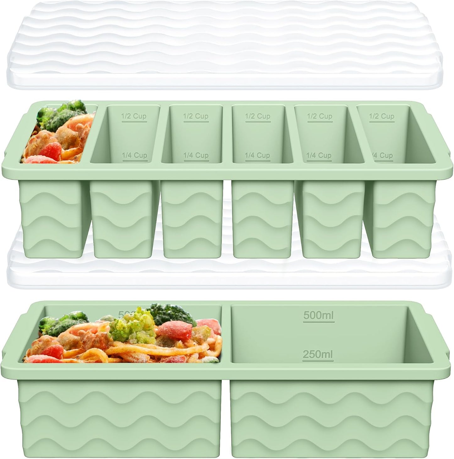 Skiennix Silicone Freezer Trays - 2-Pack with Lid for Meal Prep | 2 Large 2-Cup & 6 Small 1/2-Cup