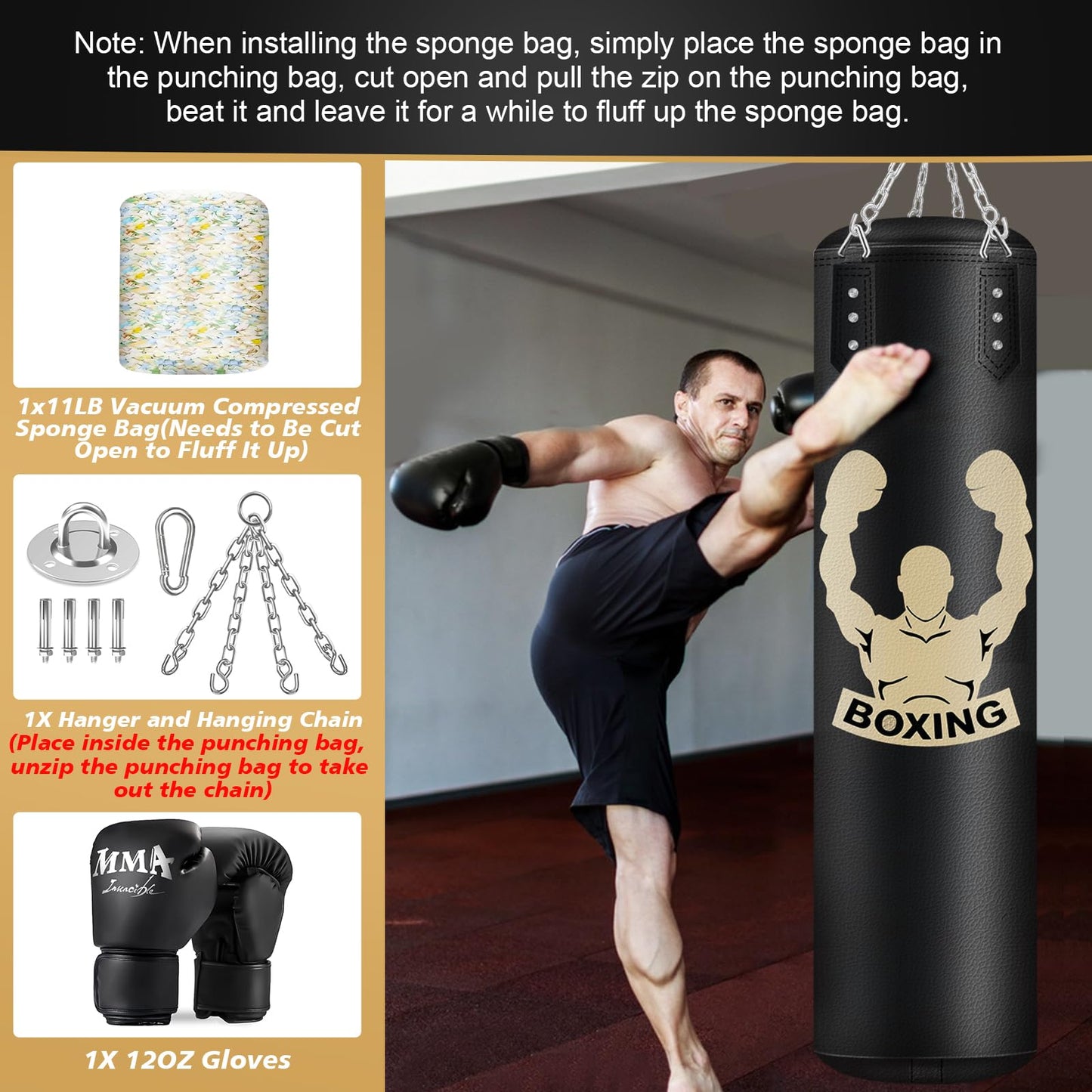 Filled Punching Bag for Adults, 4FT PU Leather Hanging Bag with 11lb Sponge Filler, Come with 12OZ Gloves, Kicking Bag Heavy Bag Boxing Equipment for Training Karate Kickboxing Home Gym