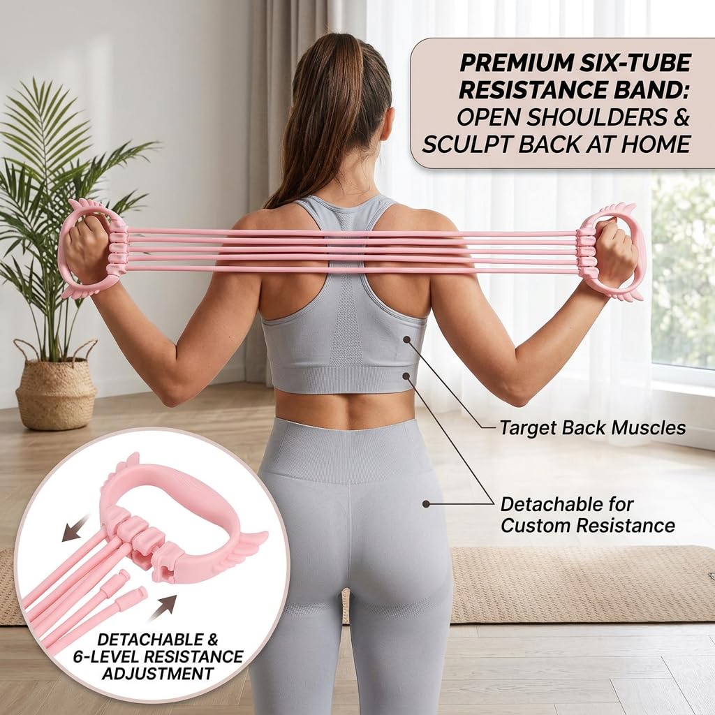 ZJchao Resistance Band with Handles, Exercise Band with 6 Tubes Multifunction Fitness Bands Figure 8 Resistance Band Home Workout Equipment for Back Shoulder Workouts Home Gym Training