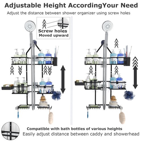 Dotpilgo Shower Caddy Hanging Upgraded Adjustable Rustproof Shower Caddy Shower Organizer for Over Handheld or Fixed Shower Heads with Hooks Soap Holder Toothbrush Holder