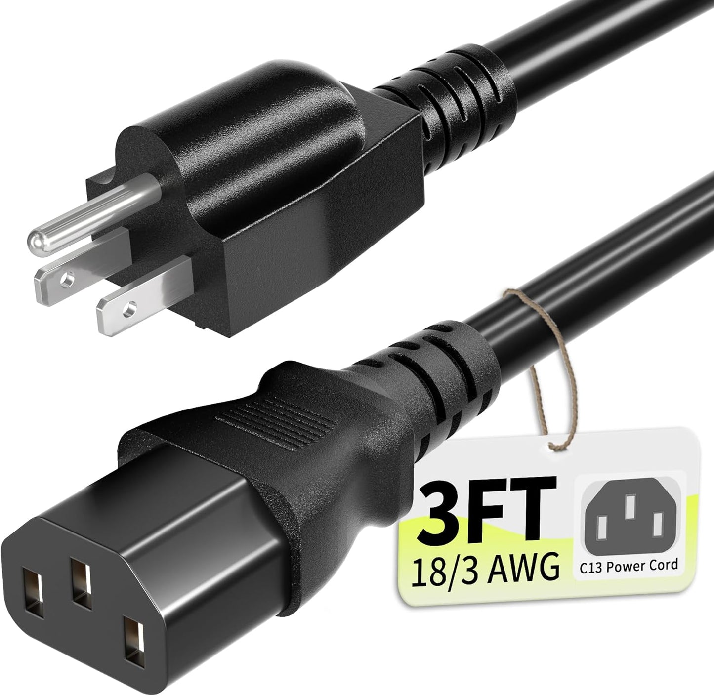Vockjour 3 3ft 10 125 18AWG, 5-15P C13, Prong AC Power Cord Cable Amps Volts NEMA to Black PC Power Cable for TV