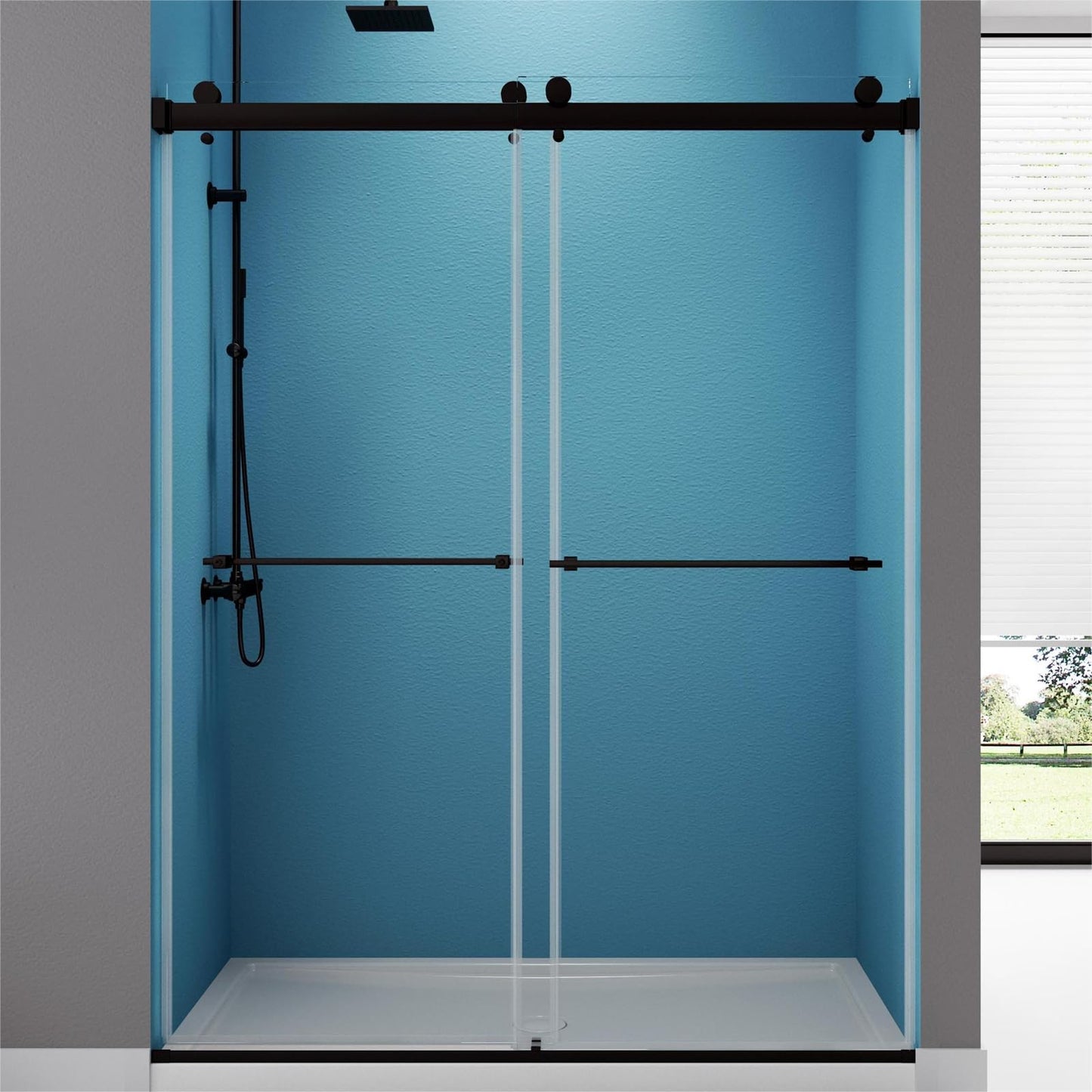 GDGZQD 44" -48 "W x 75" H Frameless Shower Door, Double Sliding Shower Door，Bathroom Sliding Shower Door, SGCC Certified Tempered Glass Door with Explosion (RB-DS4875-02 Black)