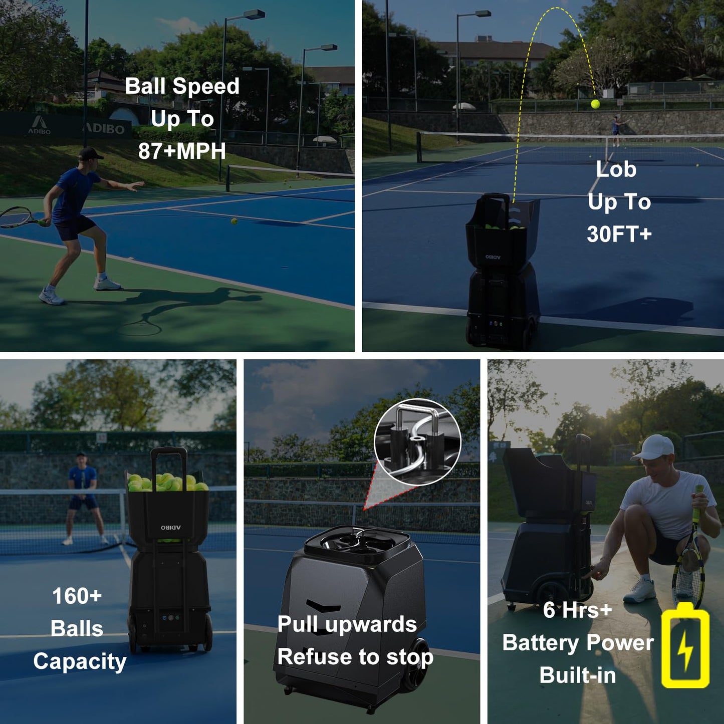 ADIBO Tennis Ball Machine, Internal Oscillation, Authentic Programming, Dual Motors with Topspin & Backspin, 160+ Balls, 6-Hour Non-Stop Runtime, Stable Voltage Contro (T500 PRO)