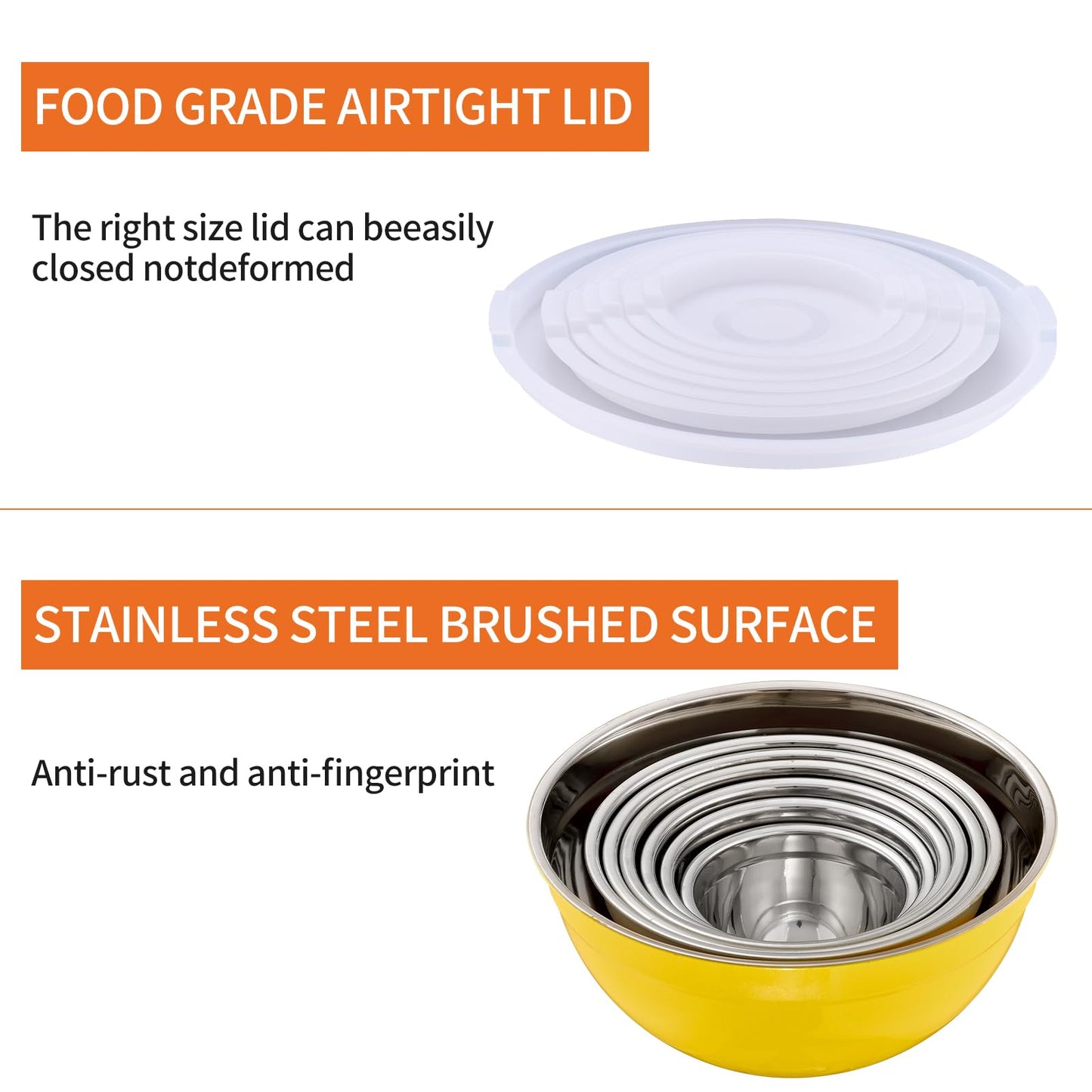 Onlycooker Yellow Mixing Bowls With Airtight Lids,Stainless Steel Bowl,Salad Bowls 7 Piece Colorful Nesting Bowl Yellow Kitchen Accessories,Size 7,3.6,2.7,2.1,1.5,1.1,0.8QT Stackable Design