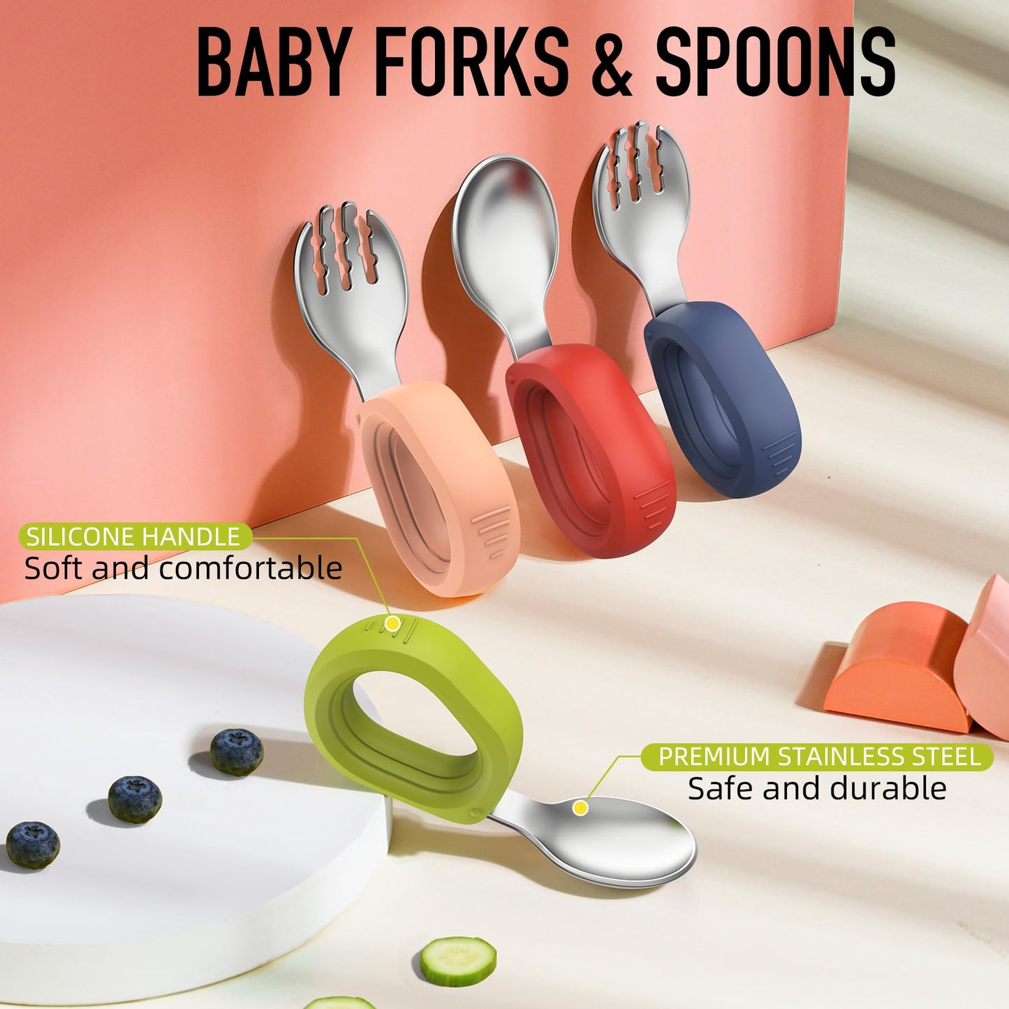 Yimido Toddler Utensils - Baby Forks and Spoons Set - Kids Stainless Steel Silverware - Children Safe - Self Feeding - Dishwasher Safe (Orange + Green)