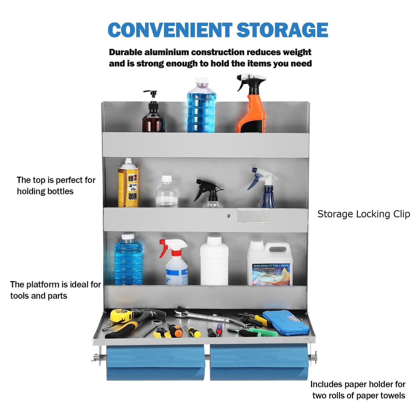 Towallmark 5052 Aluminum Storage Cabinet, 3-Tier Wall-Mounted Tool Cabinet with Flip-Out Work Table & Paper Towel Rack Organizer, Space-Saving Design,Ideal for Garage, Shop, and Trailer Use, Silver