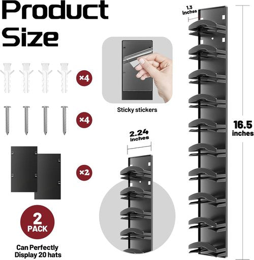 Hat Organizer by [Brand Name] - Holds Up to 20 Hats | 2-Pack Wall Rack with Strong Adhesive - Ideal for Baseball Caps (Black)
