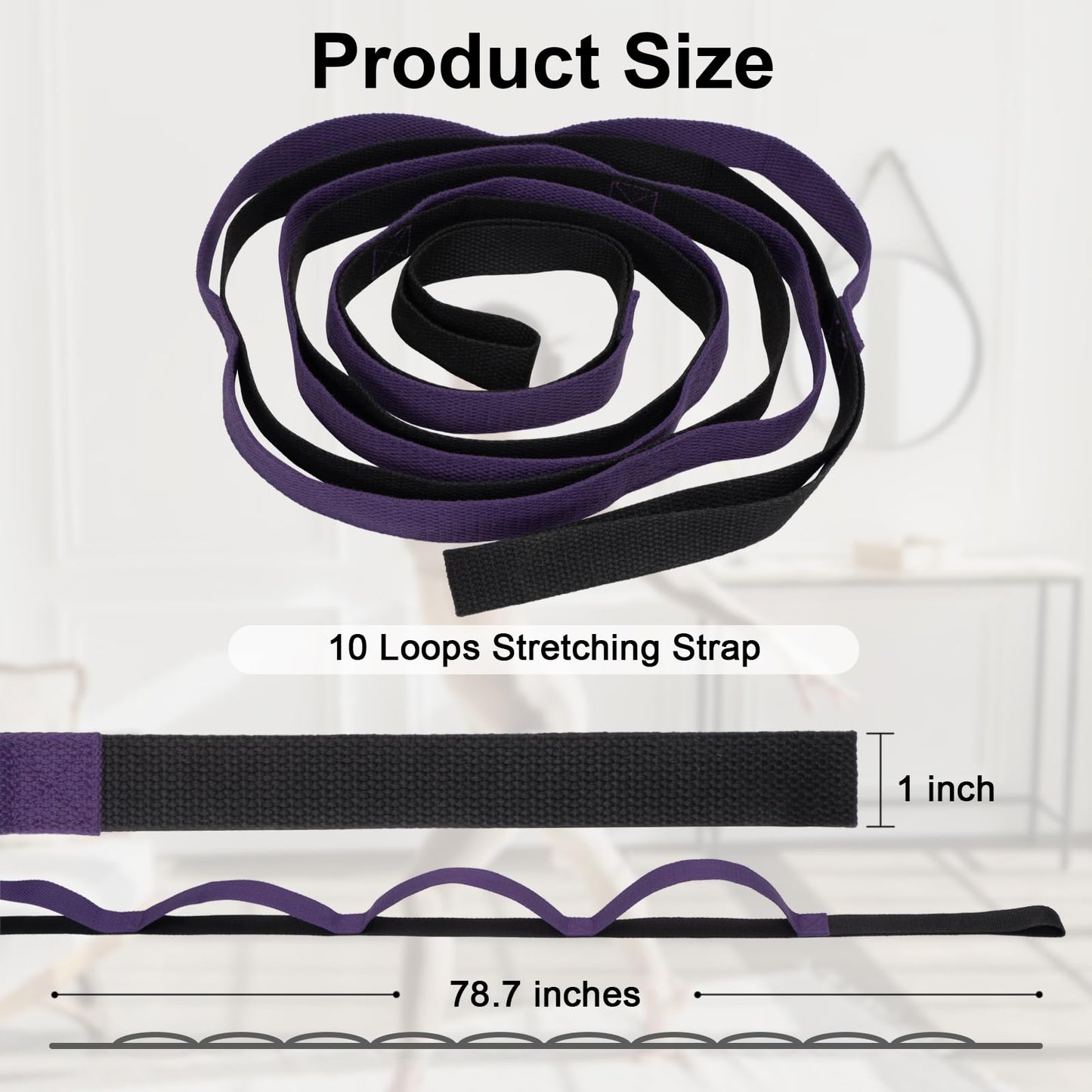 Amrules Yoga Strap for Stretching with 10 Loops Inelastic Soft Polyester Cotton Stretch Out Band for Exercise, Yoga, Pilates and Dance for Men and Women, Black