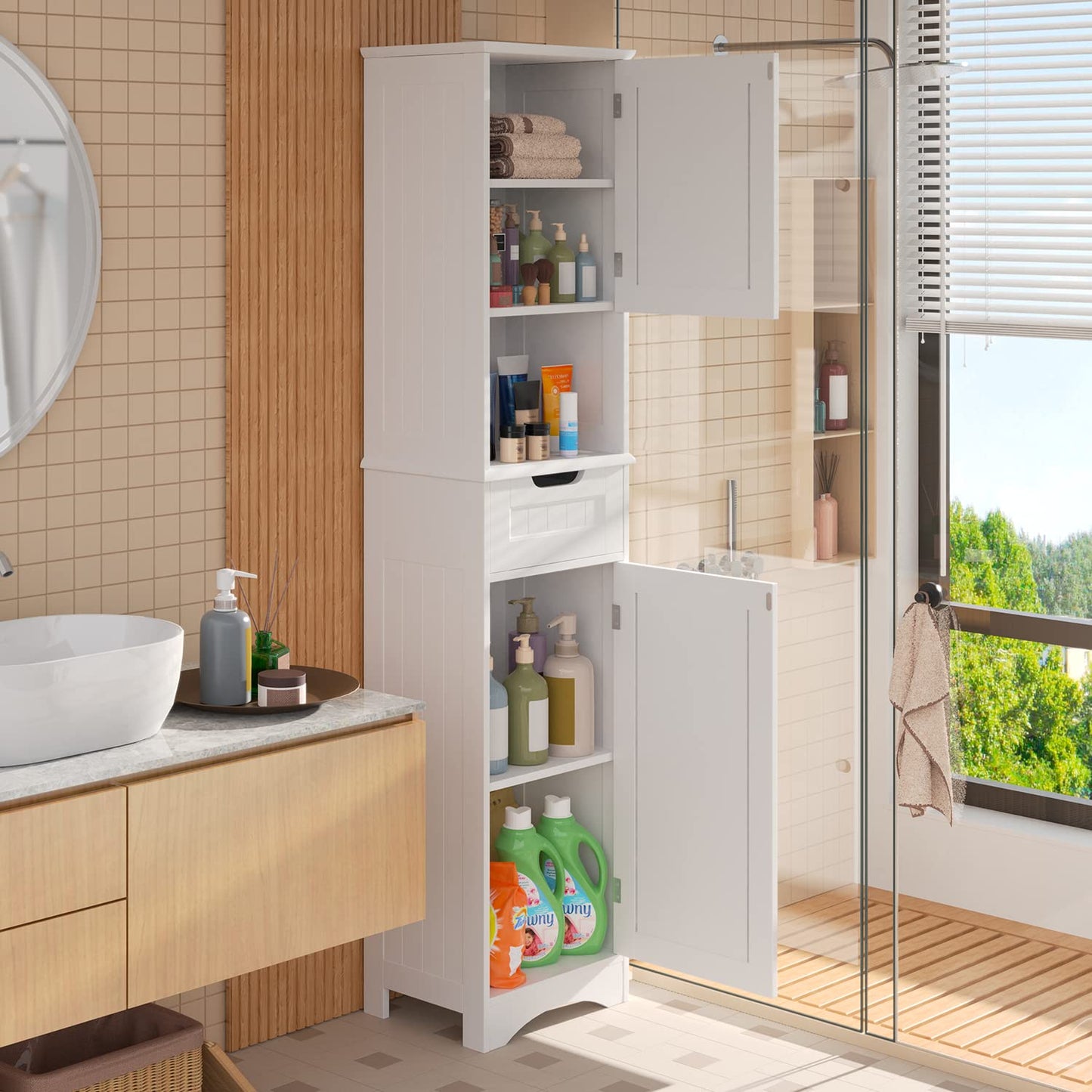 Gizoon 67" H Tall Bathroom Storage Cabinet, Narrow Storage Cabinet with 2 Doors & Drawer, Towel Cabinet with Freestanding Adjustable Shelves for Small Spaces, Kitchen, Living Room, Anti-Tipping, White