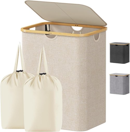 Lifewit 120L Laundry Basket - Foldable Hamper with Lid & Bamboo Handles | Beige, Ideal for Bedroom & Bathroom