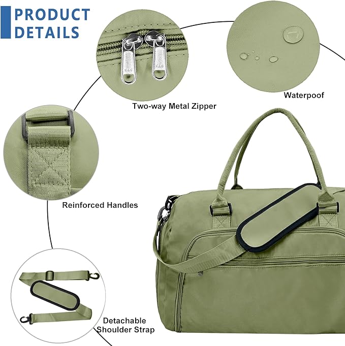 woogwin Small Gym Bag for Men & Women with Shoes & Wet Compartment Waterproof Duffle Bag for Travel Sports Workout Overnight Weekender(17.7'',Army Green)