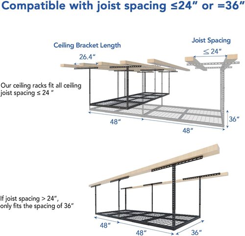 FLEXIMOUNTS 3x8 Overhead Garage Storage Rack - Adjustable Heavy-Duty Metal System | 750lbs Capacity, Black
