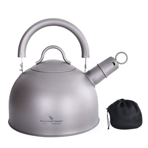 iBasingo 2 L Titanium Whistling Tea Kettle for Gas Stove Ultralight Water Jug Outdoor Big Capacity Teapot Water Bottle with Folding Handle and Warning Buzzer for Camping Home Kitchen Ti3097D