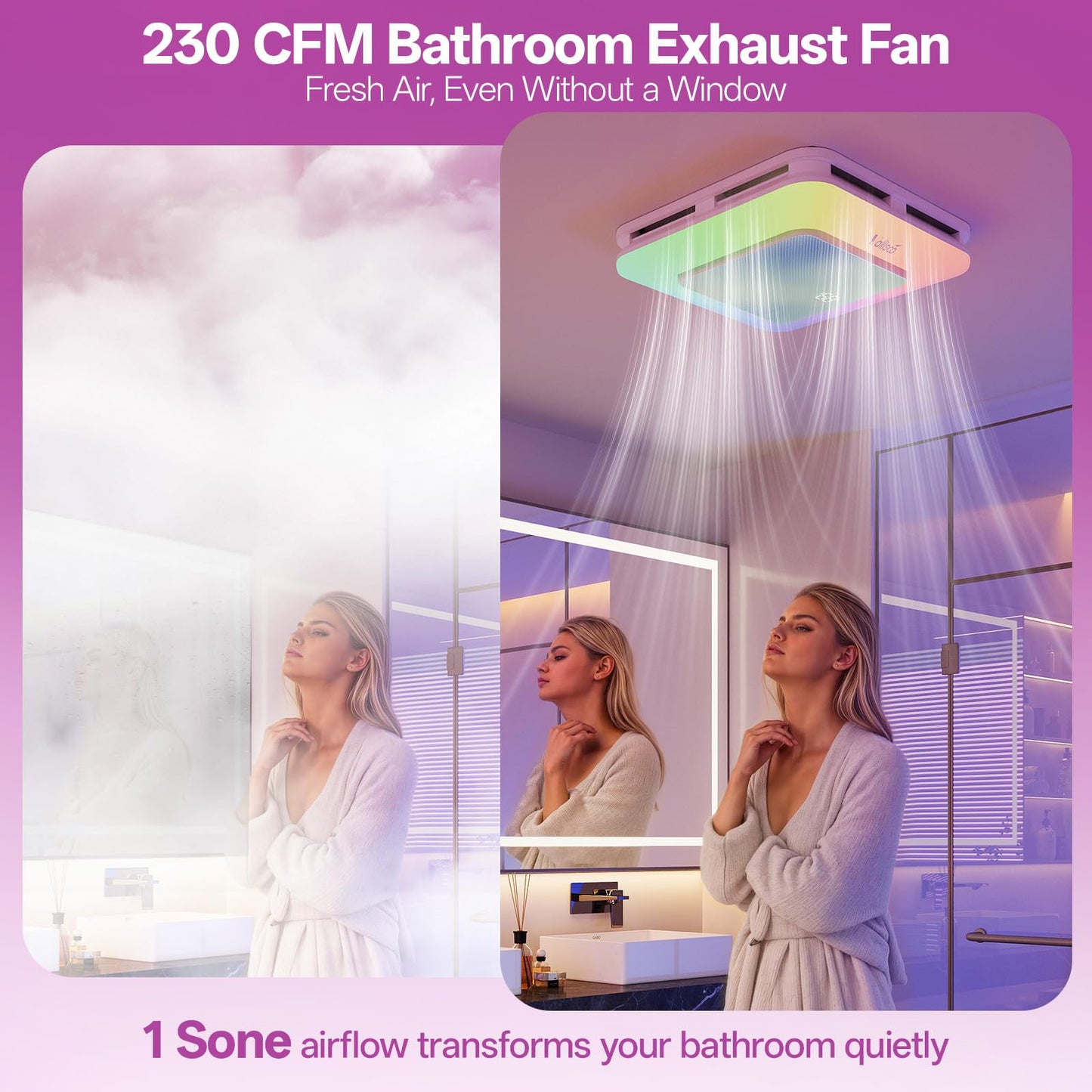 VallisCo Bathroom Exhaust Fan with Light, Odor & Humidity Sensors, 230 CFM Quiet Bathroom Ceiling Fan with Remote, Timer, 3 Dynamic RGB Lights, 2700K–6500K Dimmable, Wall/Ceiling Mount (Ocean Mist)