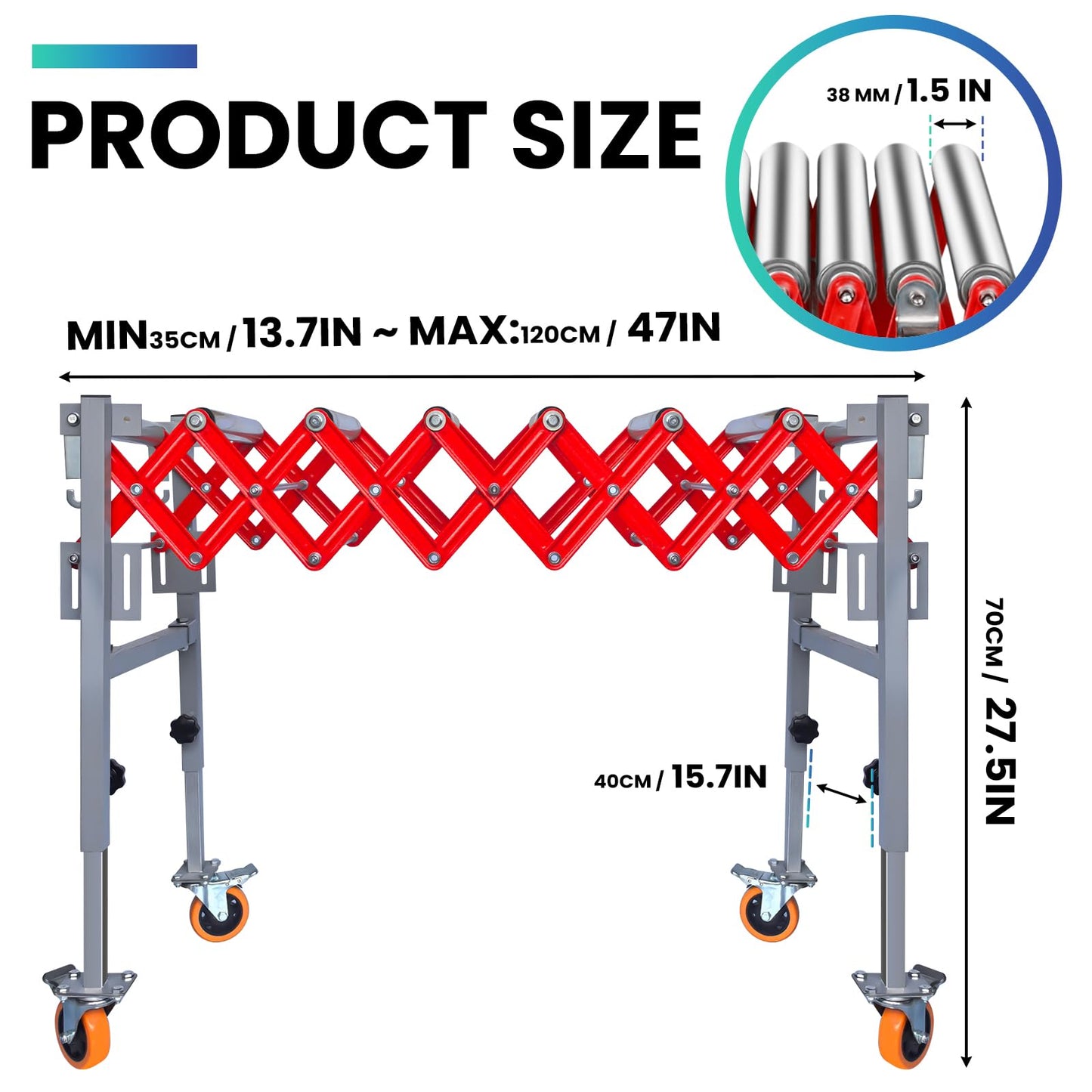 Flexible Roller Conveyor, 27.5"-50"Height Adjustable, Expandable Roller Conveyor with Skate Wheels, Infeed/Outfeed Support Roller Conveyor Belt for Factory, Warehouse