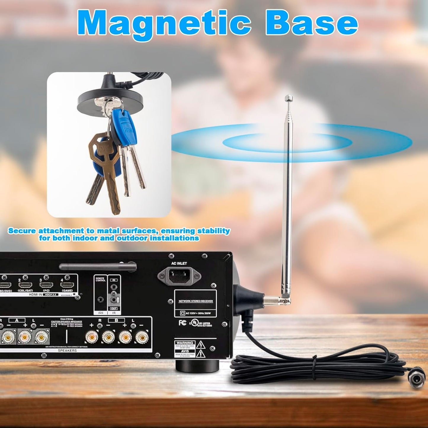 Kaunosta 10ft FM Antenna for Stereo Receiver Indoor, Telescopic FM Radio Antenna Heavy-Duty Magnetic Base with Cable