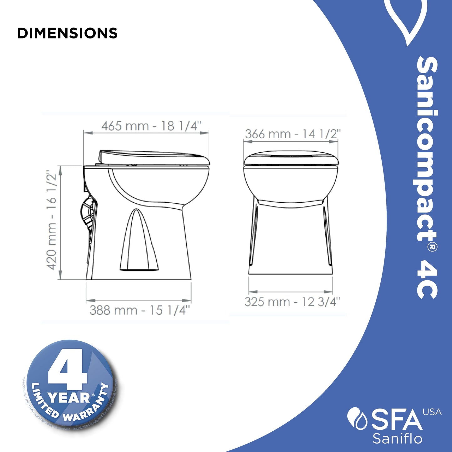 SFA SANIFLO - Sanicompact - 4C Dual-Flush Macerating Toilet - Space-Saving Half Bathroom Solution - Soft-close Toilet Seat Included - Certified CSA (IPC, NSPC) - Made In France