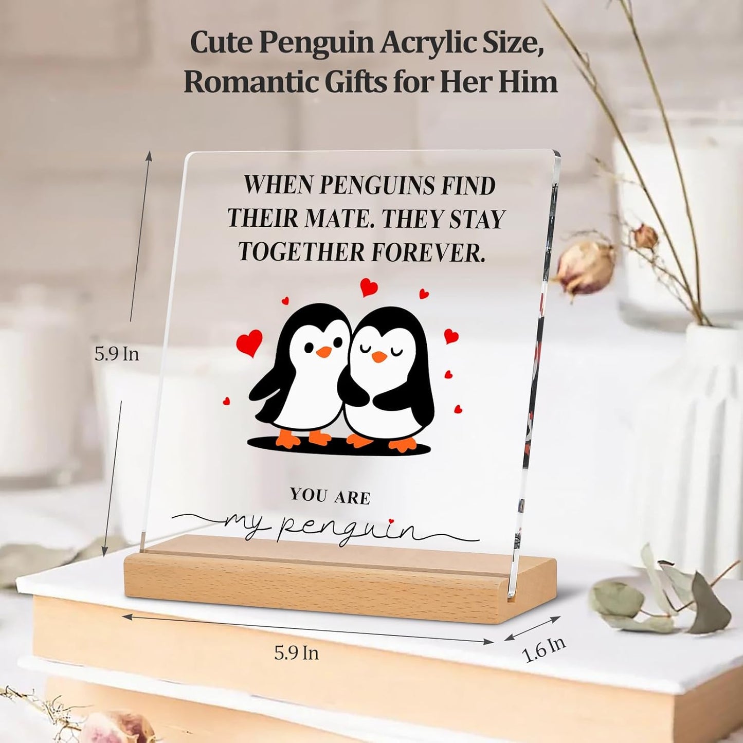 Romantic Penguin Acrylic Plaque - 5.9x5.9 Inch Clear Decor for Home & Office | Perfect Gift for Couples