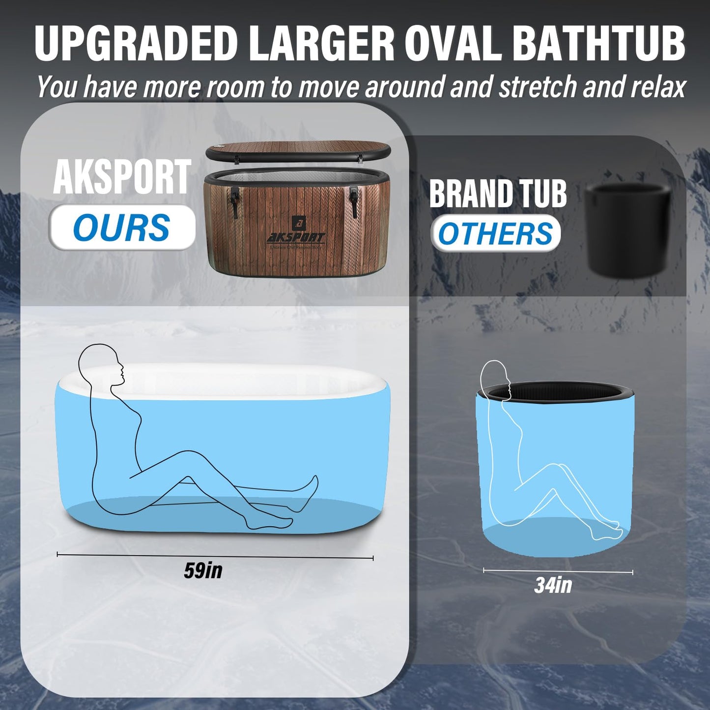 AKSPORT Ice Bath Tub for Athletes, 238 Gallons Inflatable Cold Plunge Tub Compatible with Water Chillers,Icebath for Recovery & Cold Water Therapy, Portable Bathtub for Indoor & Outdoor-Wood