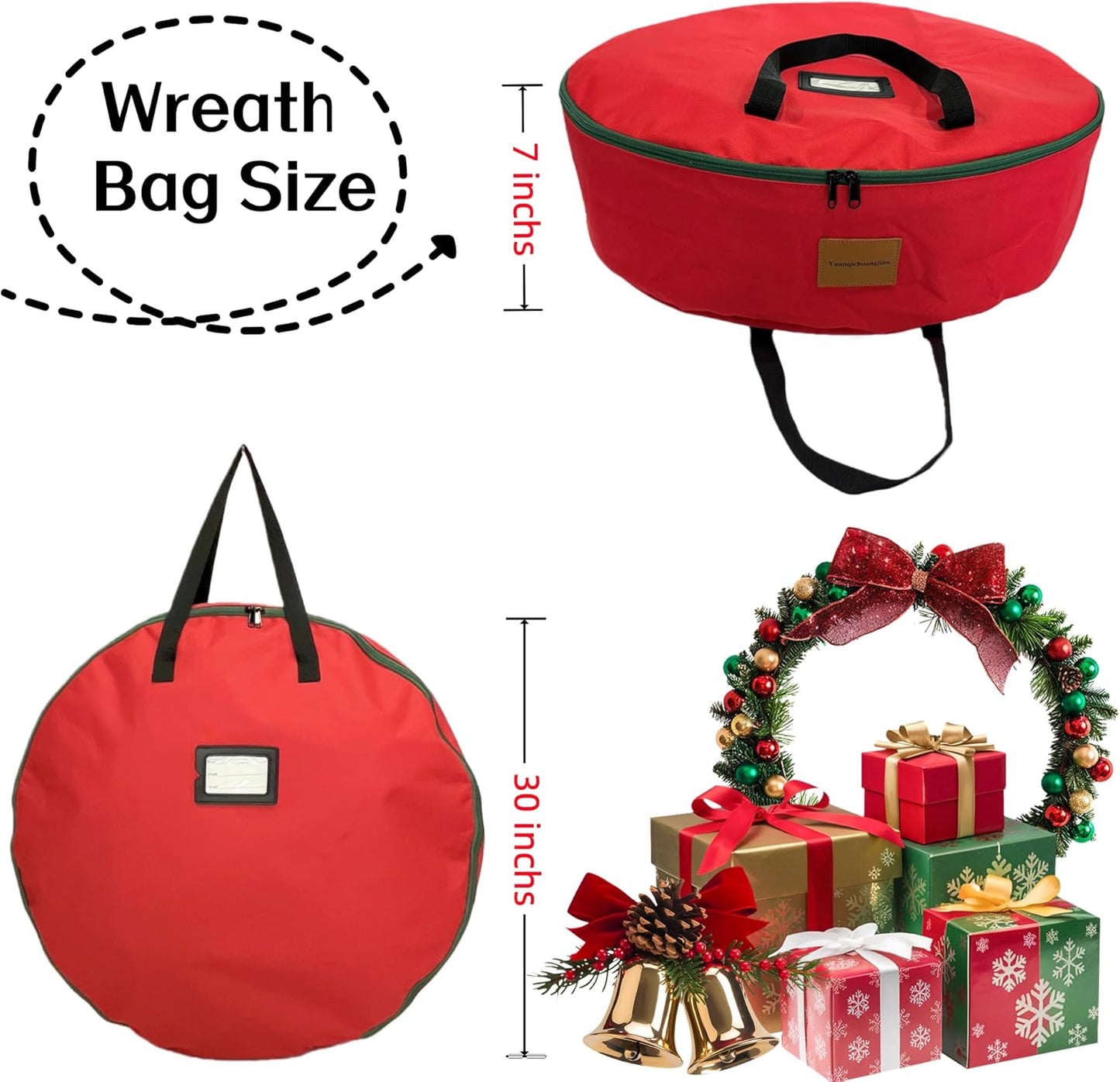 Skiennix Wreath Storage Container - Heavy Duty 600D Oxford Cloth | 30x7 Inch Red Bag for Holiday Wreaths