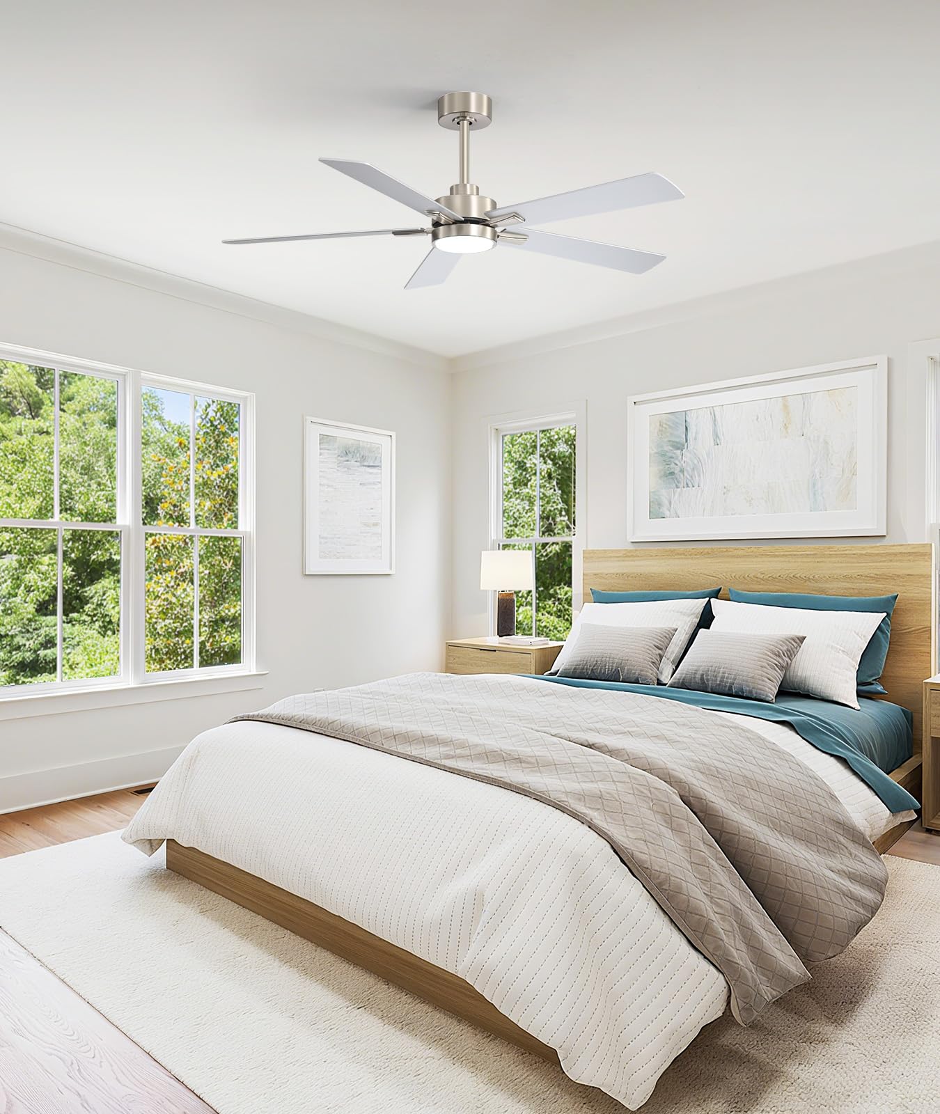 ZYD 52 Inch Brushed Nickel Ceiling Fan, Downrod Mount Brushed Nickel Ceiling Fan DC Motor 6-Speed Reversible, Quiet Ceiling Fans with Lights and Remote for Bedroom, Indoor & Covered Outdoor
