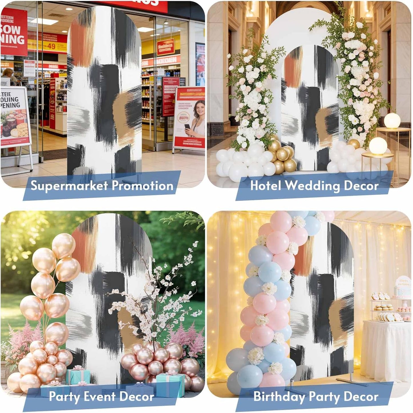 Jnbasdffb 7.2 Black White Wedding Arch Cover,Stretchy Spandex Arch Backdrop Stand Covers FT,Geometric Oil Painting