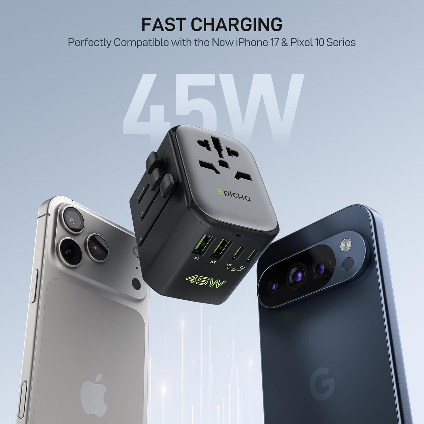EPICKA 45W 5-Port (1 AC/2 USB-A/2 Pulse International Power Adapter, Universal Travel Adapter with PD Fast Charging