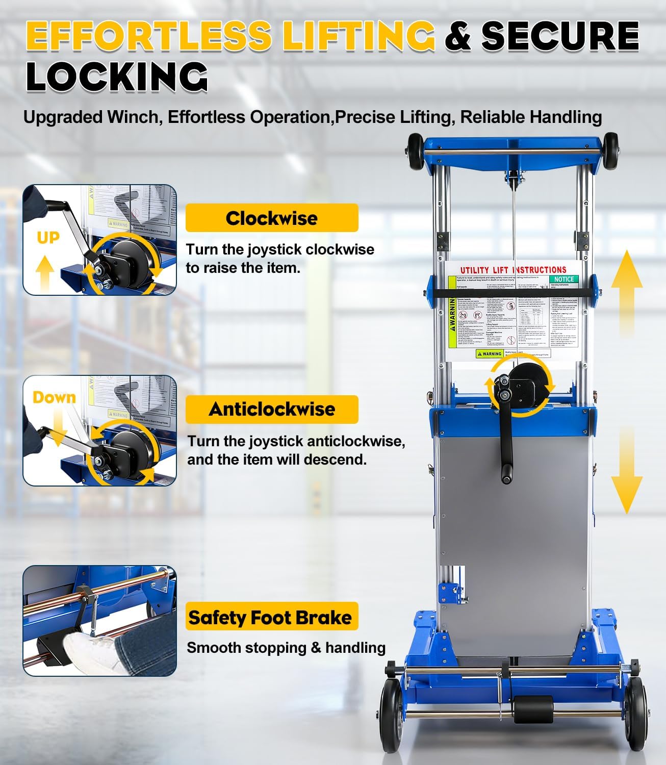 440 lbs Material Lift Winch Stacker, 122" Lift HeightAdjustable Straddle Hand Winch Lift Truck, Material Lifts for Warehouse, Factory, Library, Logistics