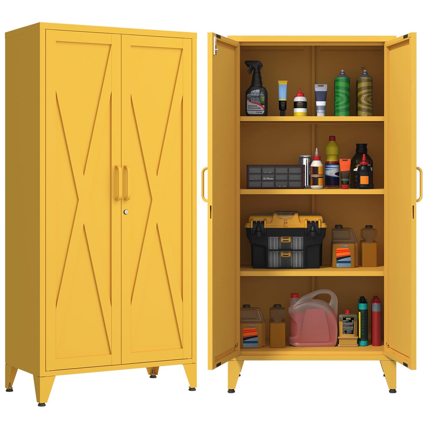 Aiasuit Lockable Metal Pantry Cabinet with 3 Adjustable Shelves, Heavy Duty 4-Tier Storage Organizer, 2-Door Locker for Kitchen & Entryway and Hallway Yellow