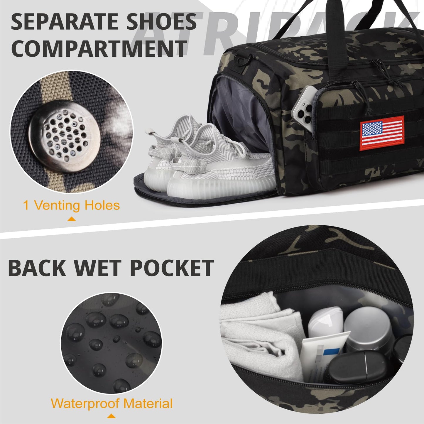 Tactical Gym Bag for Men, 40L Large Capacity Duffle Bags with Shoes Compartment, Sports Bag with wet compartment, Multi-functional Weekend Bags Suitable for Travel, Camping,hiking