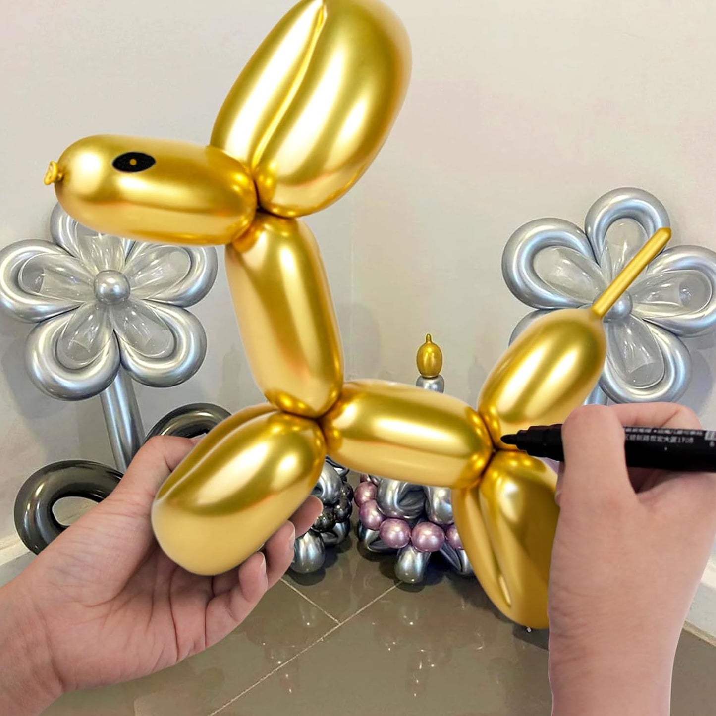Skiennix 260 Metallic Gold Balloons - Long Latex Twisting Balloons for Animal Modeling | 100 Pcs