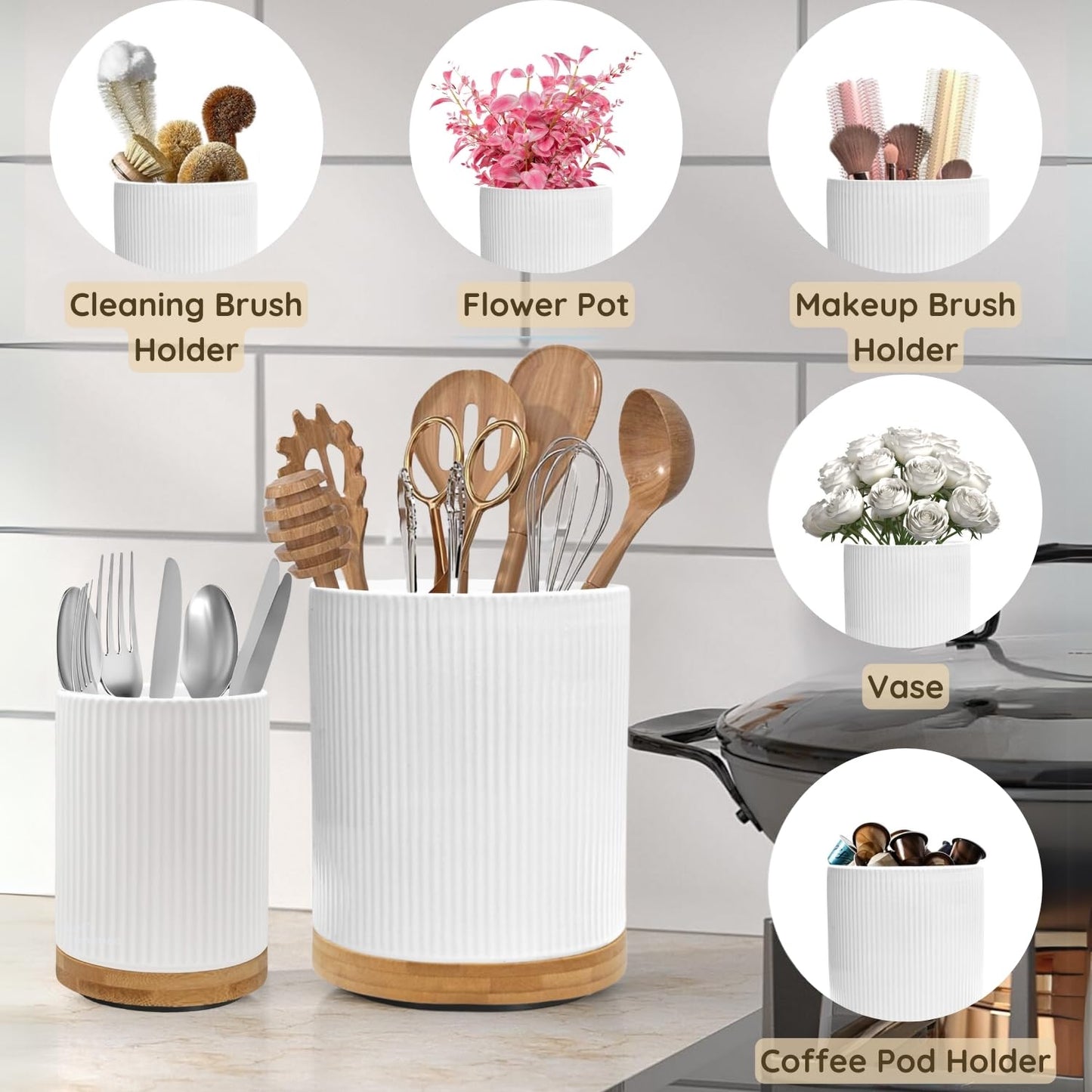 NURTURE KNOTS 2 Pack Ceramic Utensil Holder, 7.3"+5.4" Large kitchen utensils holder for Countertop, 360° Rotating Cooking Utensil Crock for Kitchen Counter with Detachable Wooden Base, Kitchen Décor