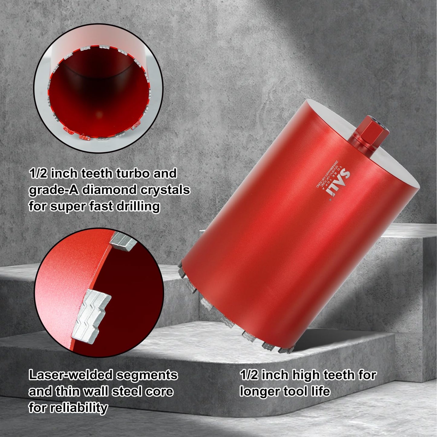 SALI Wet Diamond Core Drill Bits 6-1/2" (167mm) Diameter, 15" (380mm) Drilling Depth, Turbo Laser-Welded Segments(Wavy Teeth) With 1-1/4"-7 Thread Core Bit for Rebar Concrete Brick Block Masonry Stone