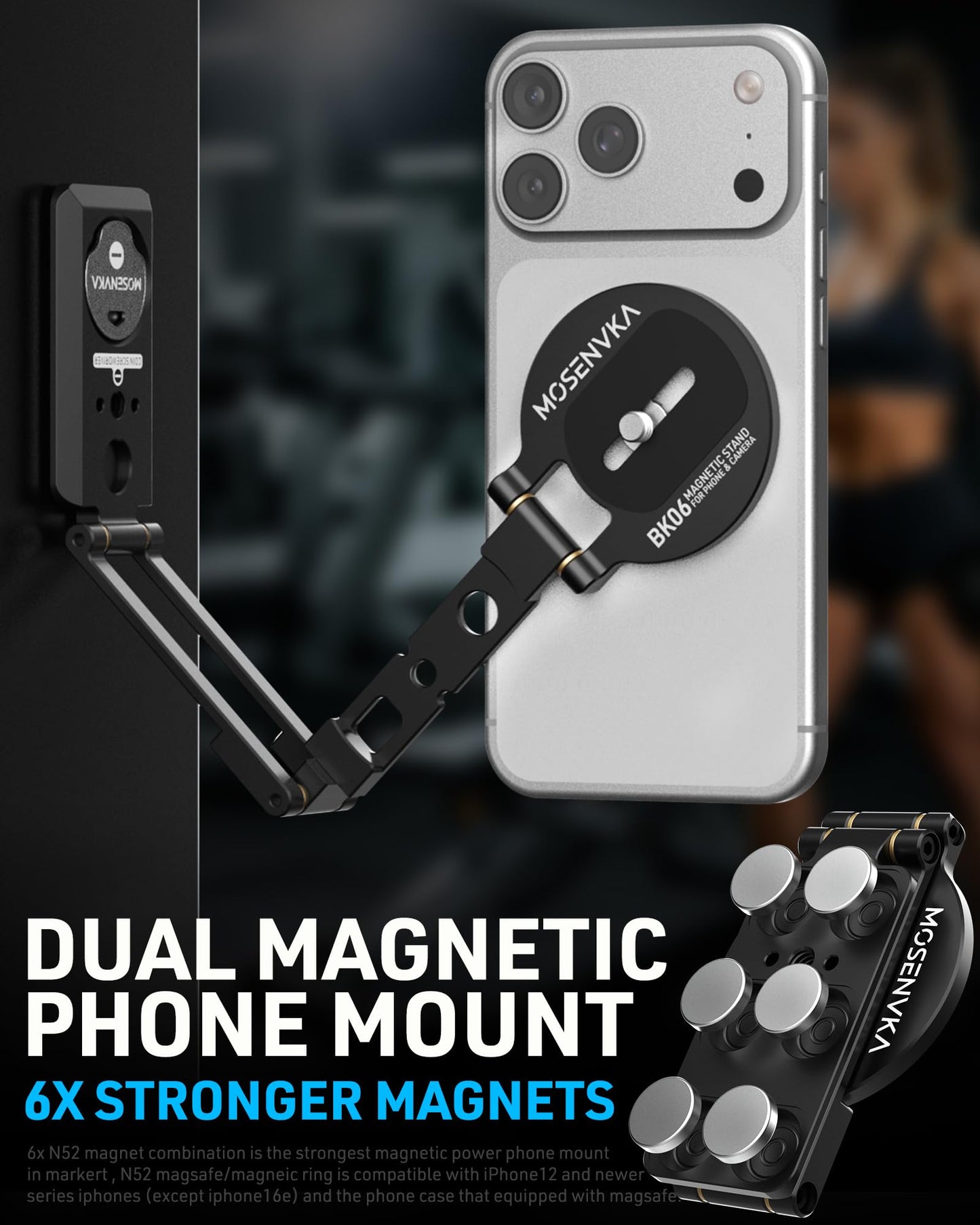 MOSENVKA 2-in-1 Magnetic Phone Mount & Action Camera Stand, N52 Magnet for Gym | Foldable Desk Holder Arca-Swiss & 1/4" Screw, for MagSafe iPhone, DJI Osmo Pocket 4/3, for GoPro 13/12 |Design Patented