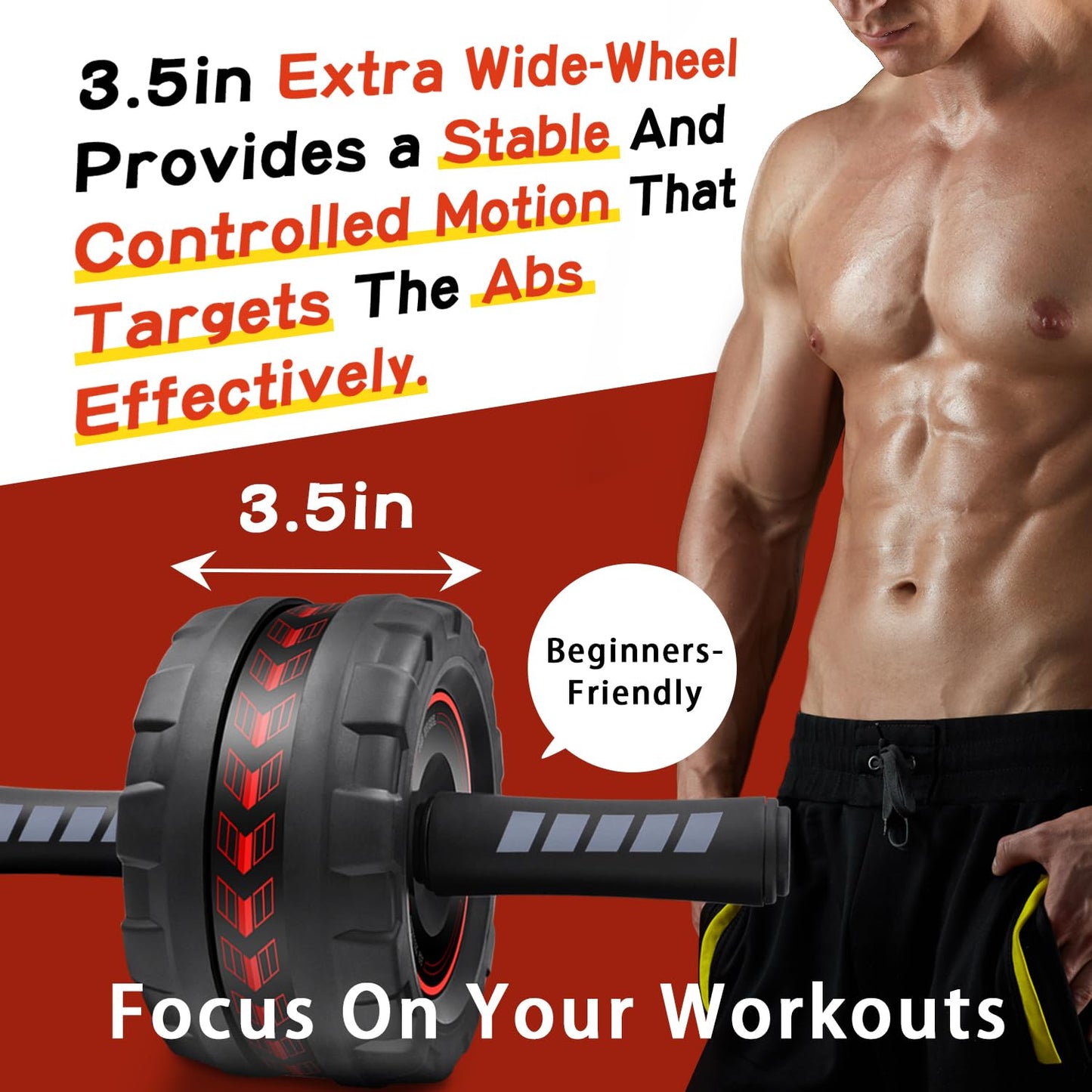 FEELCAT Ab Roller Wheel,Stable Wide Wheel For Beginner,Men,Women,Abs & Core Workout Equipment For Home Gym With Knee Pad,Abdominal Wheel For Full-Body Strength Training (Red wide wheel)
