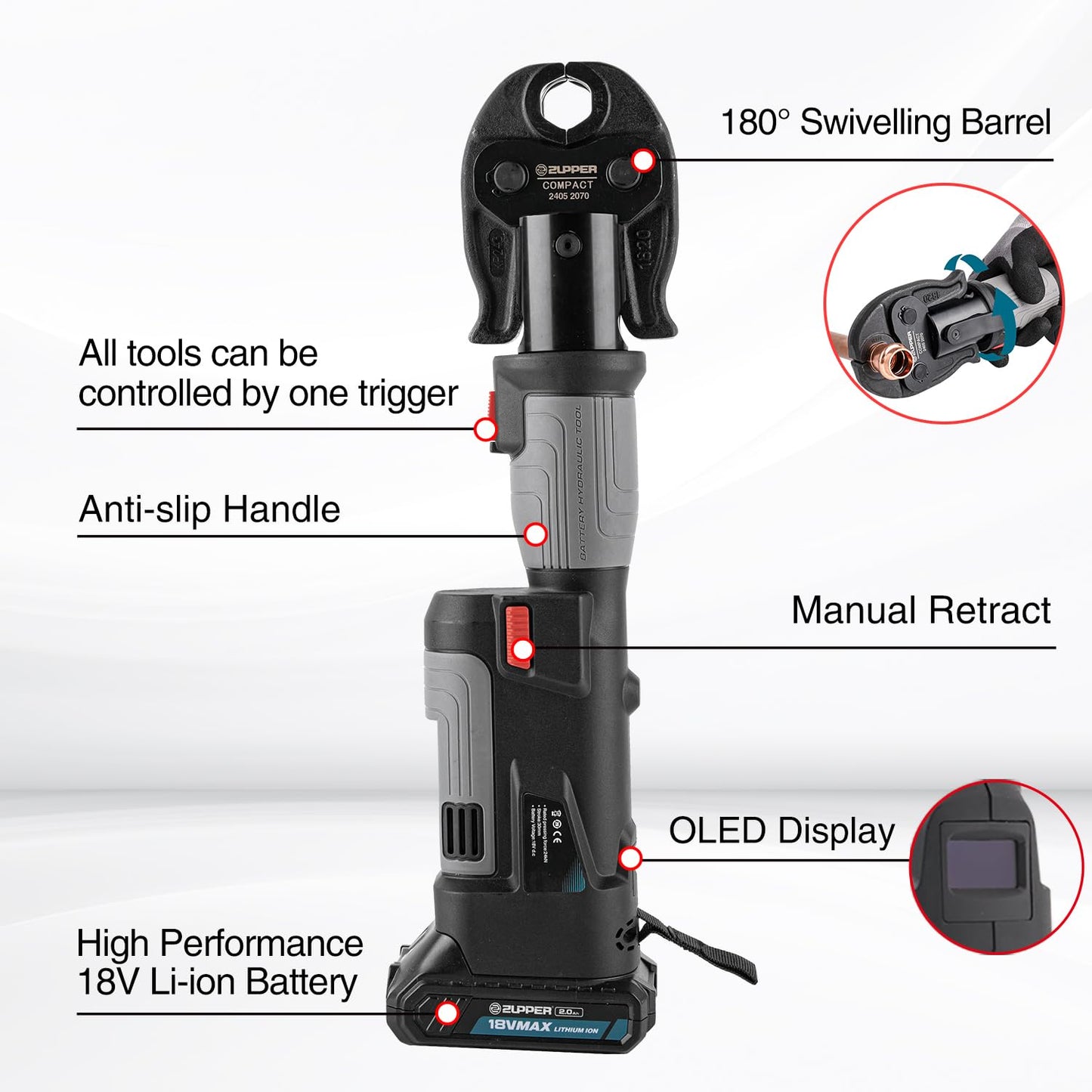 ZUPPER Press Tool, 18V Electric Pipe Crimping Tool for 1/2", 3/4", 1" Copper Pipes, Compact Press Tool Kit Suitable for Copper ProPress fittings - with 3 VUS Press Jaws, 2pcs Battery