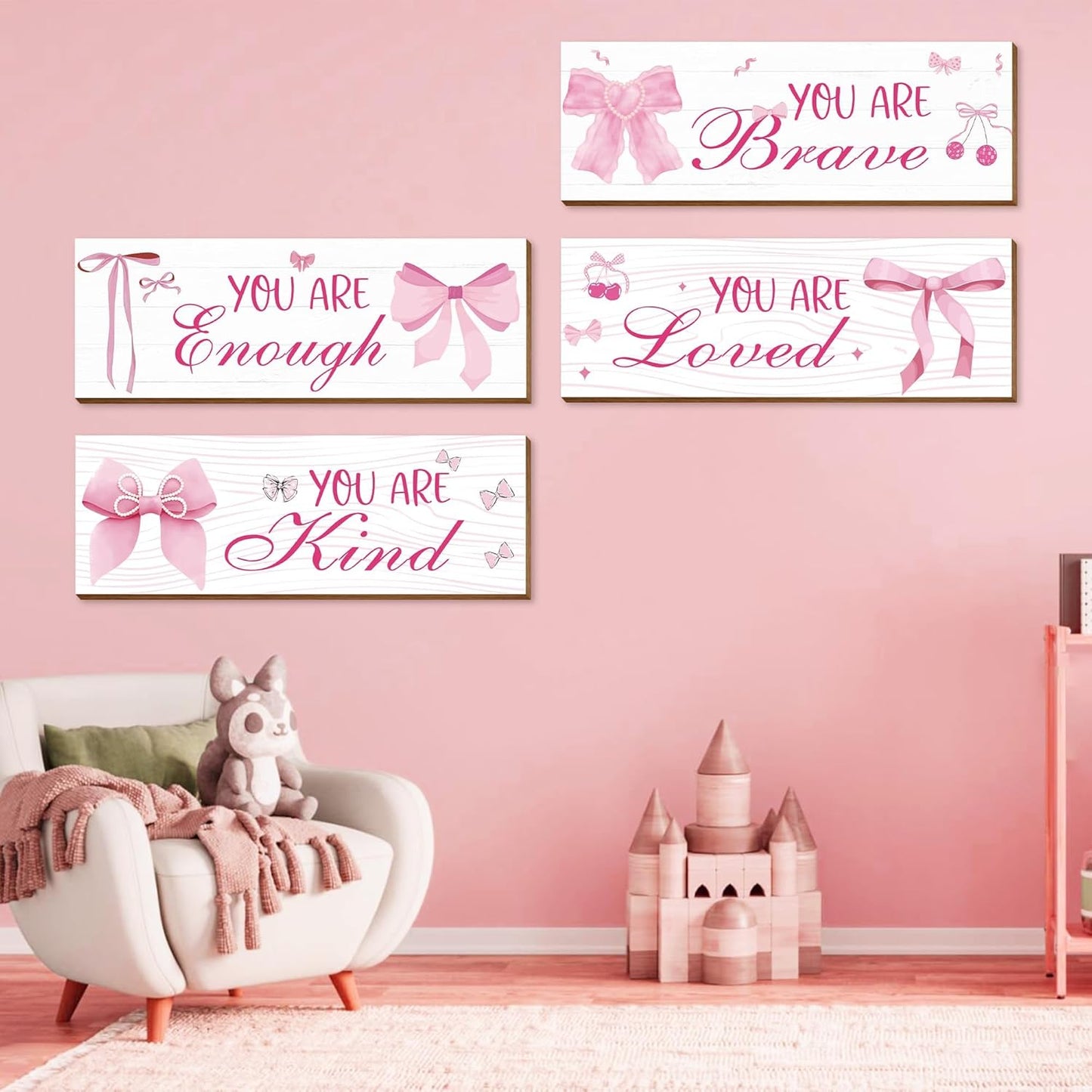 Skiennix Pink Wall Decor - 4 Pcs Inspirational Affirmations Art for Teen Girls' Rooms