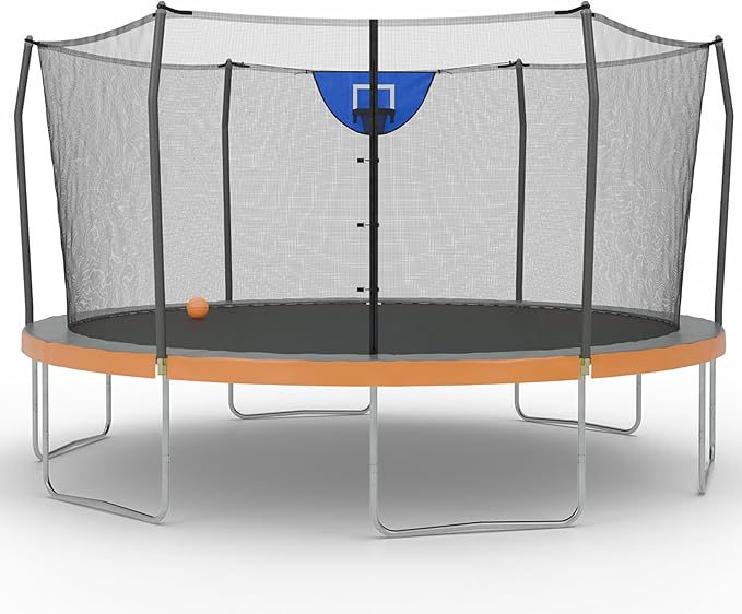 Skywalker Trampoline Outdoor 8 FT, 12 FT, 15 FT Jump N’ Dunk Round Outdoor Trampoline with Net, Trampoline Mat, and Basketball Hoop for Trampoline