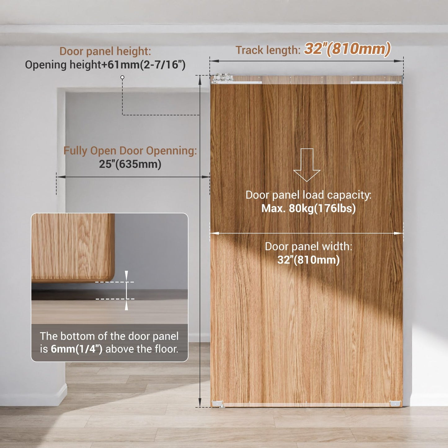 BINOTE 32” Concealed Sliding Barn Door Hardware with Soft Close Mechanism, Trackless Sliding Door Kit, Aluminum Hidden Track for Interior (Door is Not Included)